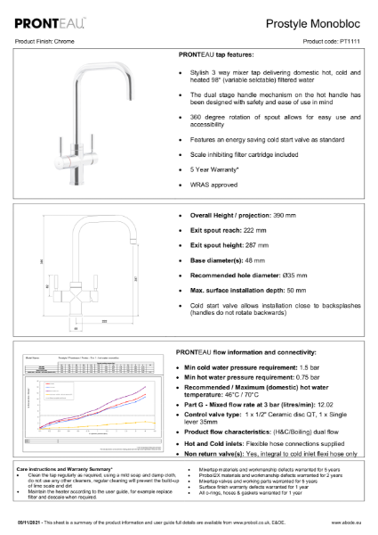 PT1111 Pronteau Prostyle (Chrome), 3 in 1 Steaming Hot Water Tap - Consumer Spec