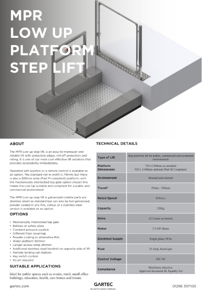 Gartec MPR Low-up Platform Step Lift – Product Data Sheet