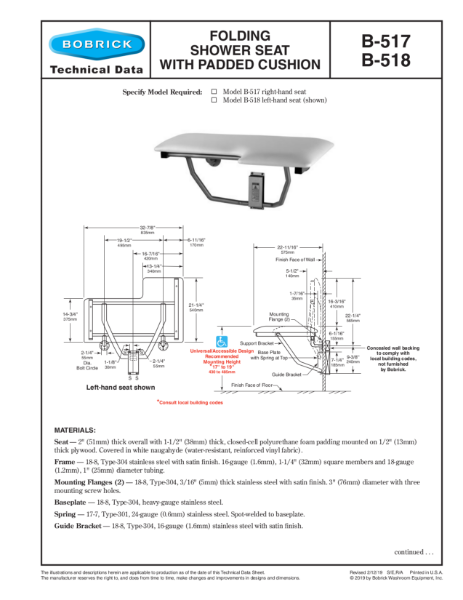 Folding Shower Seat with Padded Cushion - B-517 and B-518