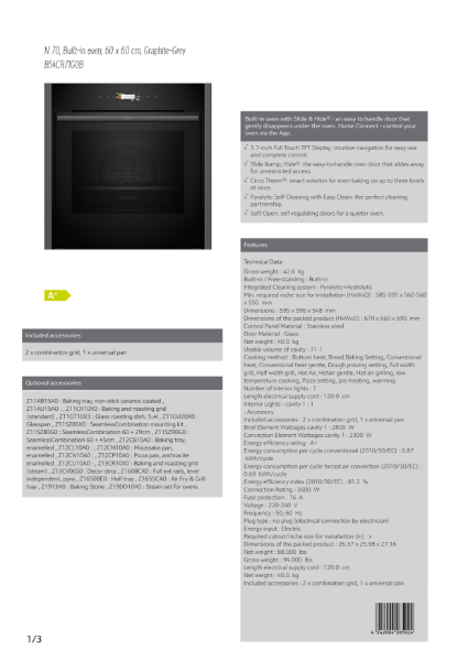 Single oven Slide and Hide door Graphite grey trim B54CR71G0B, Datasheet