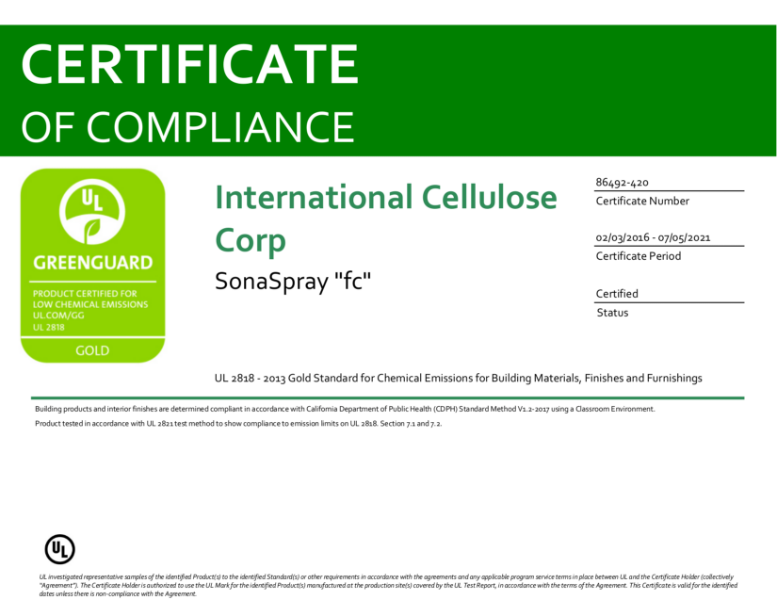 SonaSpray fc acoustic spray GREENGUARD Gold Certification