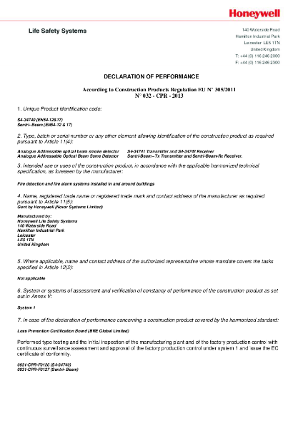 Honeywell Gent S4-34740 EN54-12 & 17 Declaration of Performance