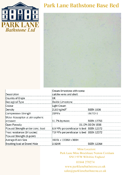 Park Lane Bathstone Base Bed - Technical Data Sheet