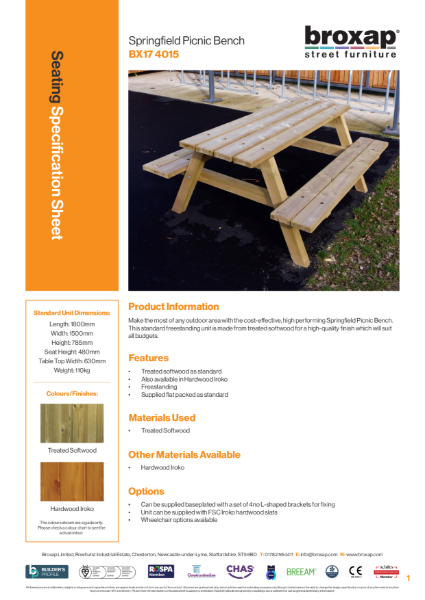Springfield Picnic Bench Specification Sheet