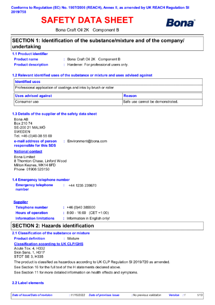 Bona Craft Oil 2K - Component B (Hardener) Safety Data Sheet