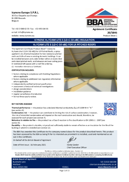 H2Foam Lite E Pitched Roofs - BBA Certificate