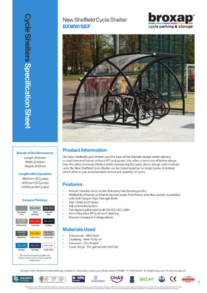 New Sheffield Cycle Shelter Specification Sheet