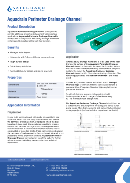 Aquadrain Perimeter Drainage Channel Data Sheet