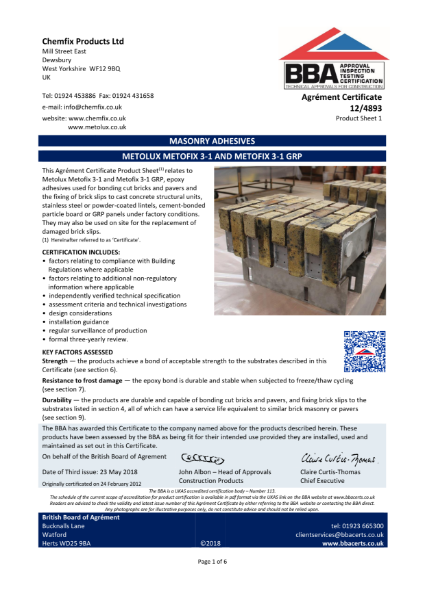 BBA Approval Metofix 3-1 Brick Adhesive