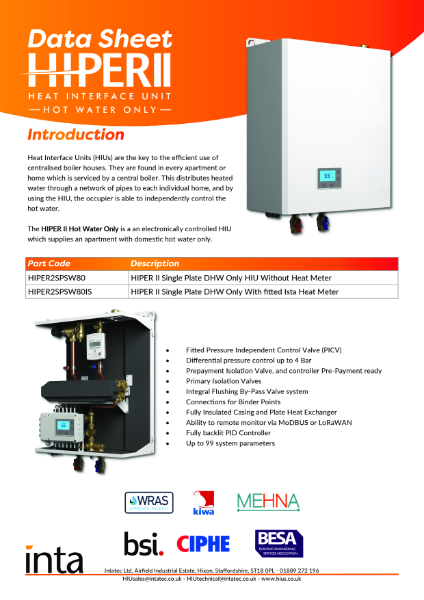 HIPER II Heat Interface Unit - Hot Water Only