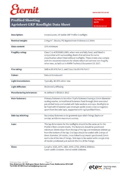 Eternit - Agrisheet GRP Rooflight Data Sheet