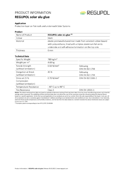 Regupol Solar Aluminium Glue 6 mm Data Sheet