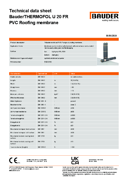 BauderTHERMOFOL U 20 FR PVC Roofing membrane (Light Grey) - Technical Data Sheet