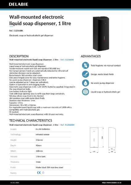 Electronic Soap Dispenser - Matte Black, 1 Litre Product Data Sheet