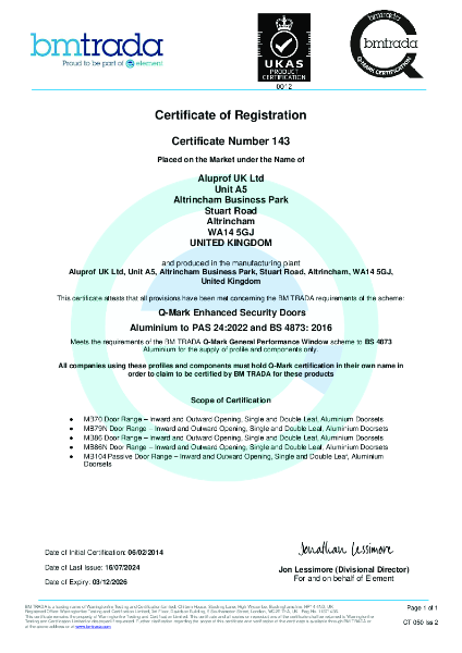 Aluprof Q-Mark Enhanced Security Doors PAS 24 Certificate (MB-70, MB-79N, MB-86, MB-104 Ranges)