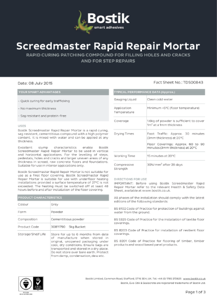 Bostik Rapid Repair Mortar - Technical Data Sheet