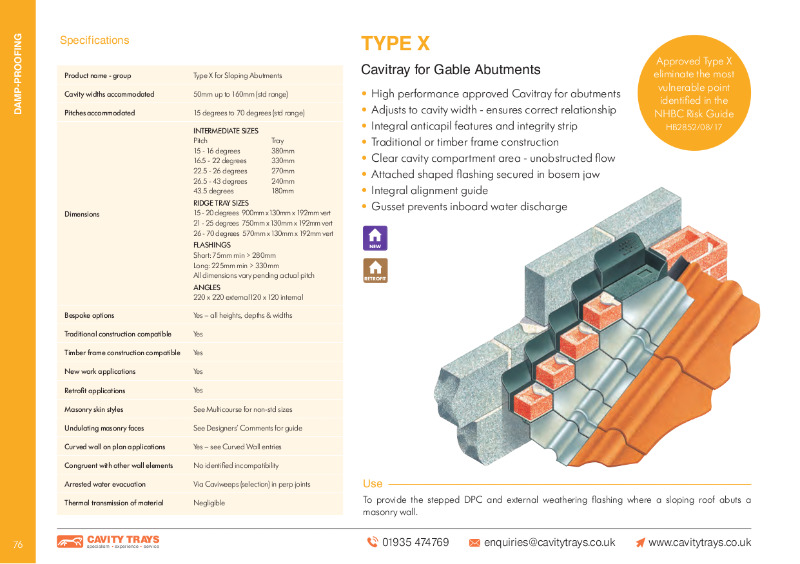 Type X gable abutment stepped cavity tray with attached flashing