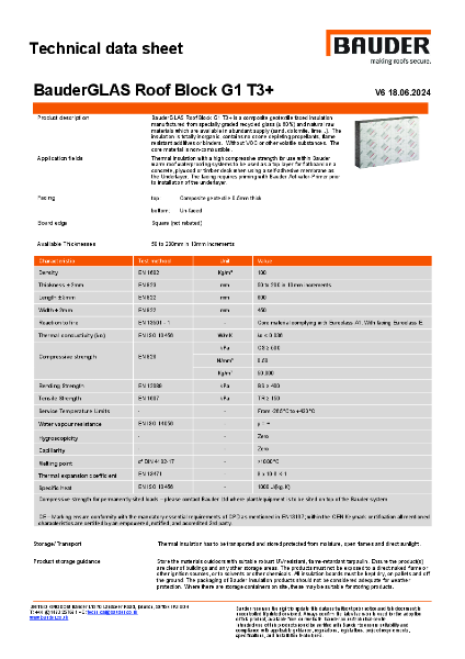 BauderGLAS Roof Block G1 T3+ - Technical Data Sheet