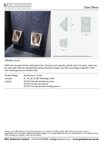 GEC Anderson Data Sheet - V345 Bowl Urinal