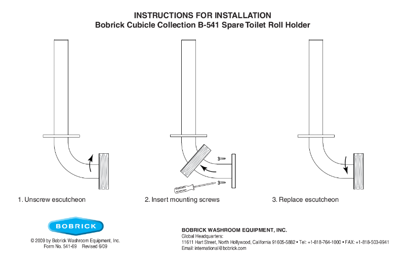 Instructions for Installation - Bobrick Cubicle Collection B-541 Spare Toilet Roll Holder