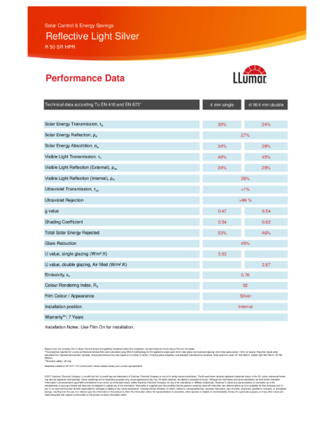 Data Sheet - Light Silver Reflective Window Film - LLumar R50 SR HPR