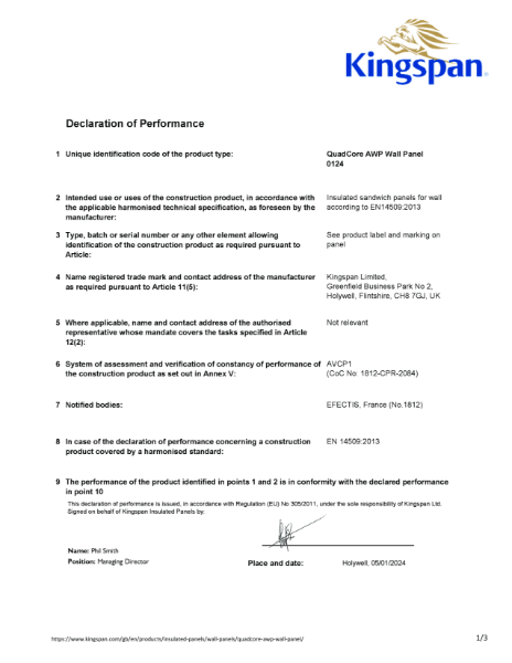 Declaration of Performance QuadCore AWP Wall Panel 0124