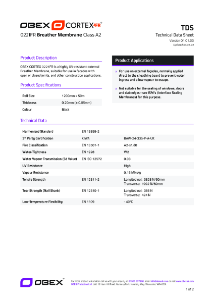 OBEX CORTEX 0221FR Class A2 Black Breather Membrane W2 - TDS