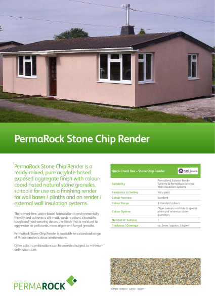 PermaRock Stone Chip Render (hard wearing, low maintenance, acrylate based exposed aggregate finish with colour coordinated natural stone granules)