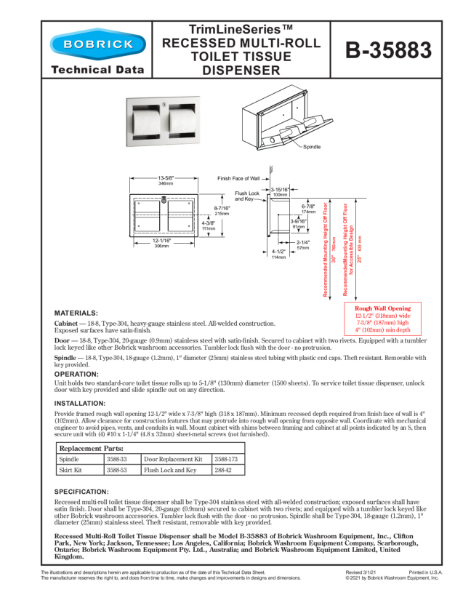 TrimLineSeries™ Recessed Multi-Roll Toilet Tissue Dispenser - B-35883