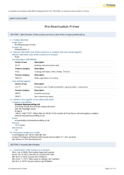 Material Safety Data Sheet - Proteus Pro-Reactivation Primer