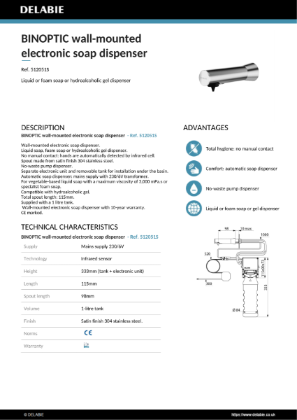 BINOPTIC wall-mounted electronic soap dispenser - Satin Product Data Sheet
