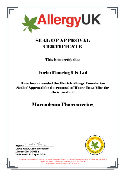British Allergy Foundation:  Seal of Approval for Marmoleum
