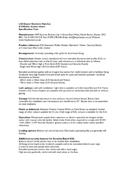 HVP Security Shutters - Specification Text K25 Roller Shutter