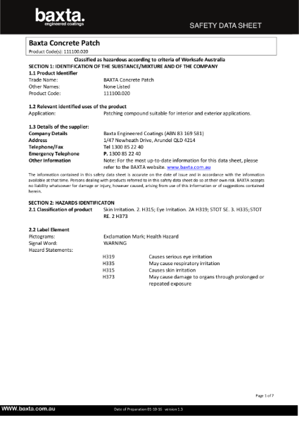 Baxta Concrete Patch Safety Data Sheet