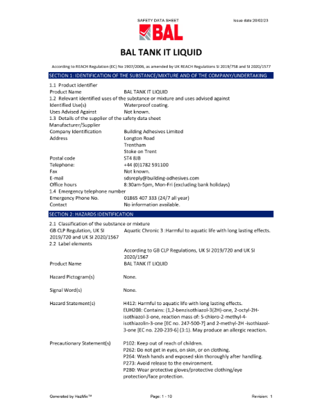 BAL TANK-IT Liquid - Material Safety Datasheet