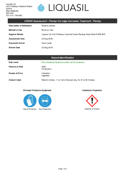 BBA Approved cut edge corrosion treatment, Flexlap, COSSH Assessment