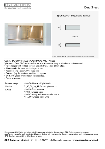 GEC Anderson Data Sheet - Splashback: Edged And backed