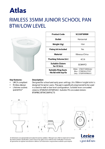 Atlas 35cm Rimless Infant School Pan - Close Coupled, Back to Wall or Low Level