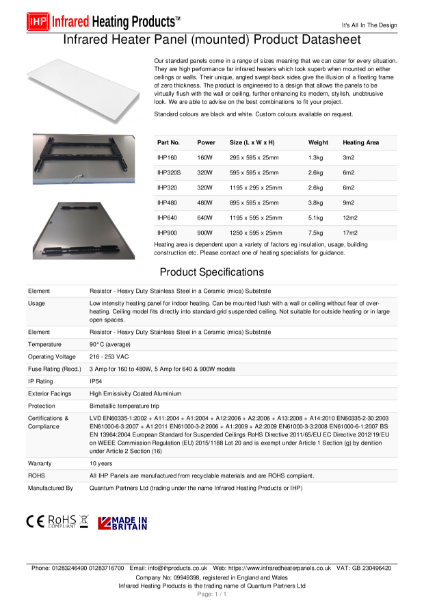 IHP Infrared Heating Panel (mounted) Datasheet