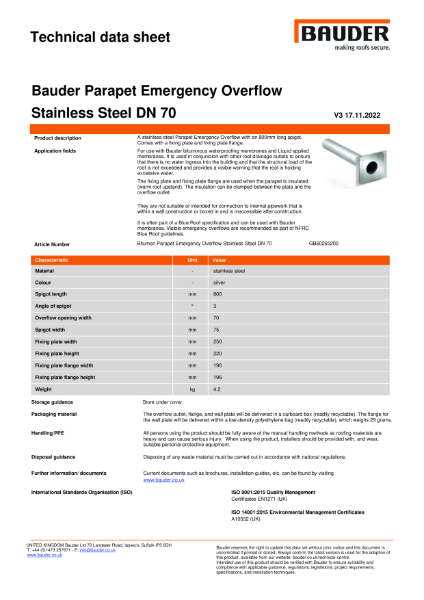 Bauder Parapet Emergency Overflow Stainless Steel DN 70 - Technical Data Sheet