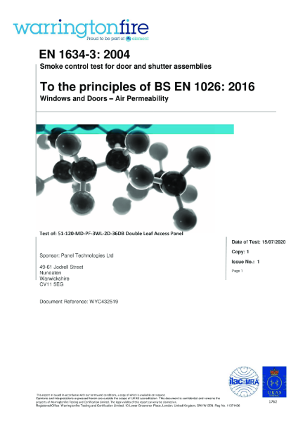 Warrington Fire (Riser Door, Metal Faced, Picture Face, 3Way Lock, 2400x1800 Double Door) Airtight Test