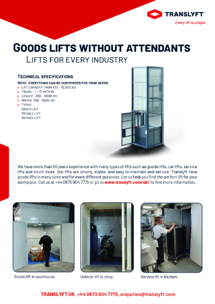 Goods lifts without attendant data sheet