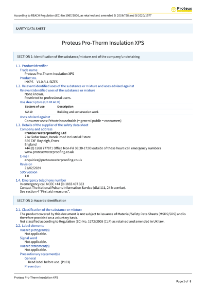 Safety Data Sheet - Proteus Pro-Therm XPS