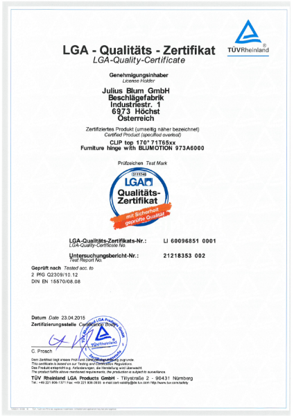 CLIP top 170° 71T65xx with BLUMOTION 973A6000 LGA-Certificate
