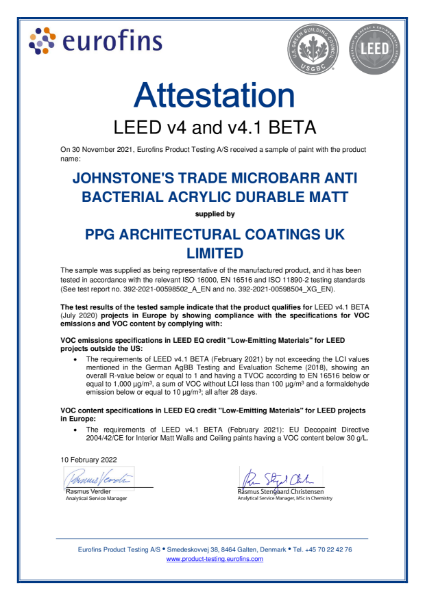 LEED V 4-1 Beat Attestations - Johnstone's Microbarr Anti Bacterial Acrylic Durable Matt