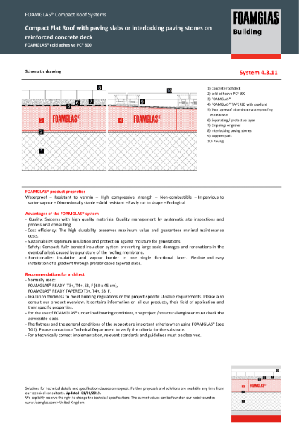 TDS_4.3.11_Roof - Concrete Deck - FOAMGLAS Insulation (Cold Applied) with Paving Slabs on Gravel or Supports (Flat or Tapered)