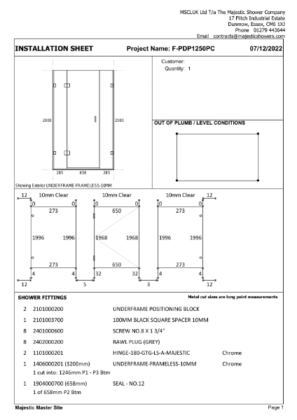 Installation Sheet - Napoli 1250mm