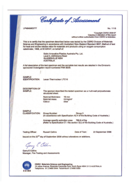 AS/NZS 3837 Certificate of Assessment for Lexan Thermoclear LTC 16