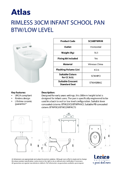 Atlas 30cm Rimless Infant School Pan - Close Coupled, Back to Wall or Low Level