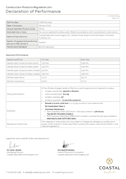 BLU™ - SST94 Inline Window Espagnolette Handle Declaration of Performance (Durability Test)